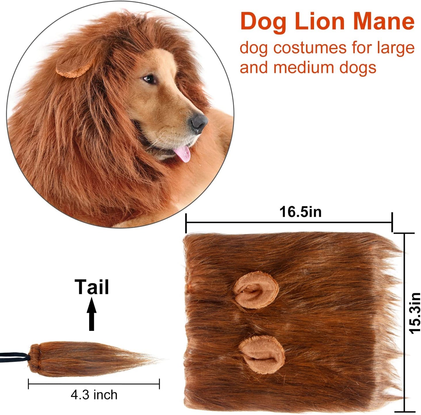 Lion Mane for Dog Costumes, Dog Lion Mane, Realistic Lion Wig for Medium to Large Sized Dogs, Large Dog Halloween Costumes, Lion Mane for Dog, Halloween Costumes for Dogs (Dark Brown)